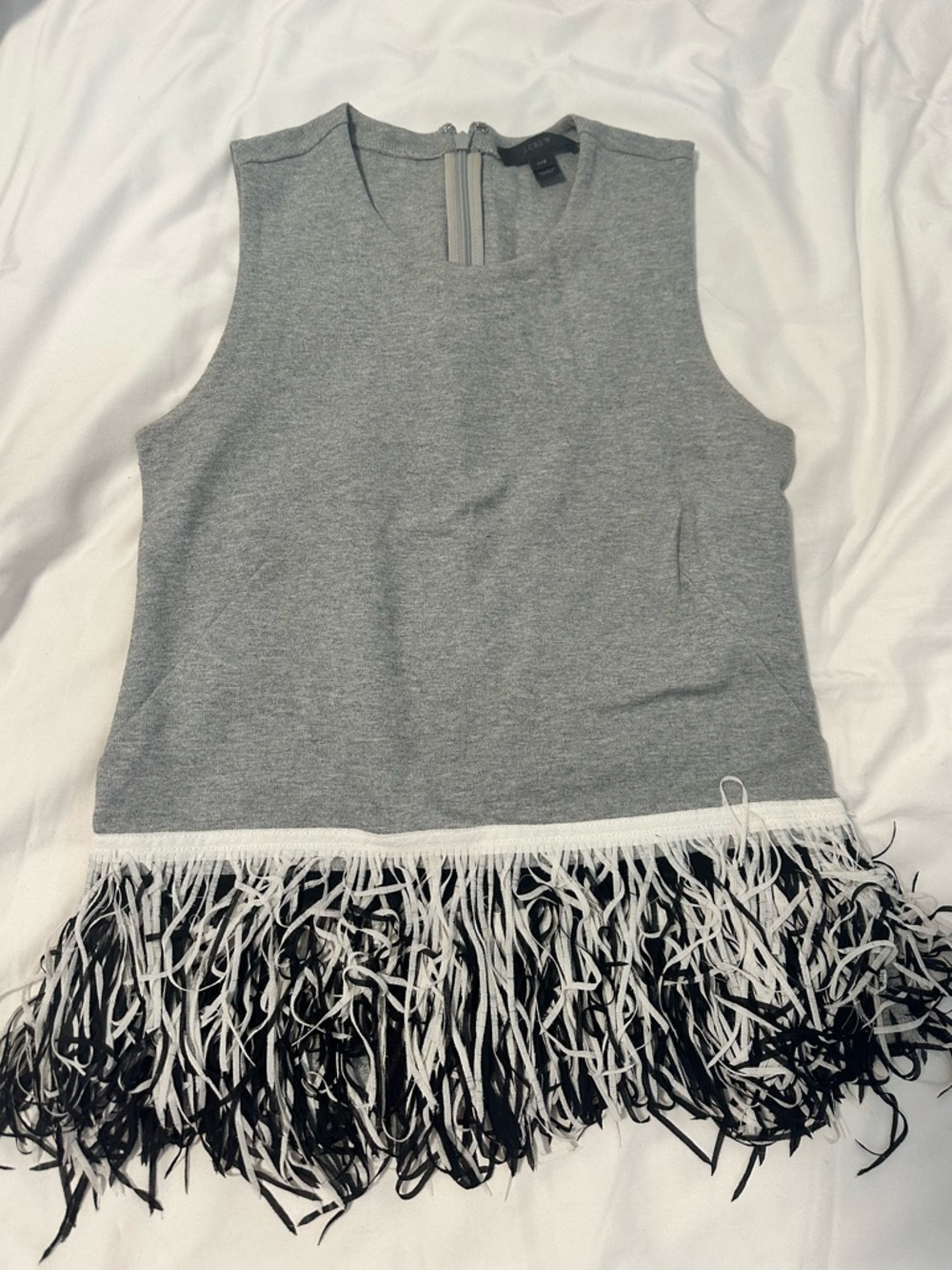 J. Crew Heather Gray Sleeveless Knit Statement Fringe Top with Back Zip
